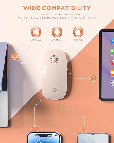 Miniatura 6 de RAPIQUE Ratón inalámbrico Bluetooth (BT5.1+USB), mouse delgado de doble modo con clic silencioso, baja potencia y 1600 DPI, mouse inalámbrico