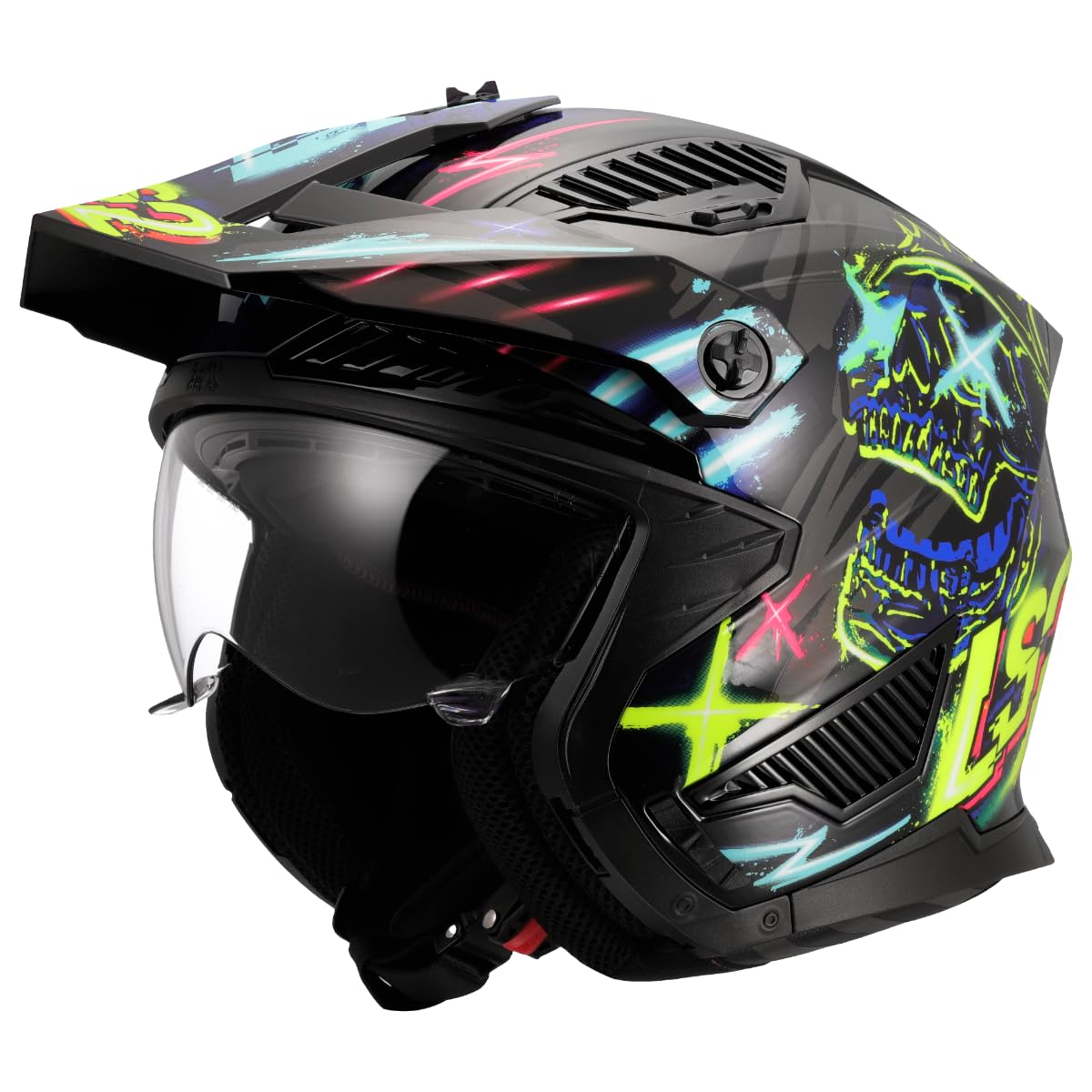LS2, Casco Moto Jet Modular DRIFTER RAYZ Gloss Black Blue, M | Visera resistente a los rayos UV, antiarañazos y retráctil