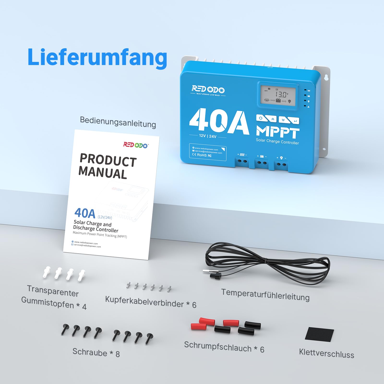 Redodo 40A MPPT 12V/24V Auto DC Input Solarladeregler mit eingebautem Bluetooth Modul, Parameter verstellbare LCD Display LED Anzeige