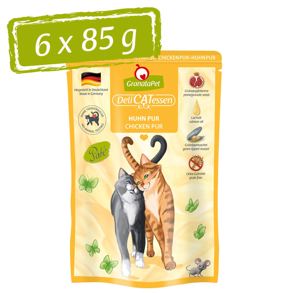 GranataPet DeliCatessen Huhn PUR, Nassfutter für Katzen, Futter ohne Getreide & ohne Zuckerzusätze, Katzenfutter mit hohem Fleischanteil & hochwertigen Ölen, 6 x 85 g