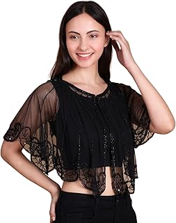aqsa collection Women's Embroidered Net Poncho Cape Top | Stylish Shrug & Casual Outfits Wedding Transparent Cape for Saree, Gown, Tops Shrug Top for Women (Black-Medium)-picture-13