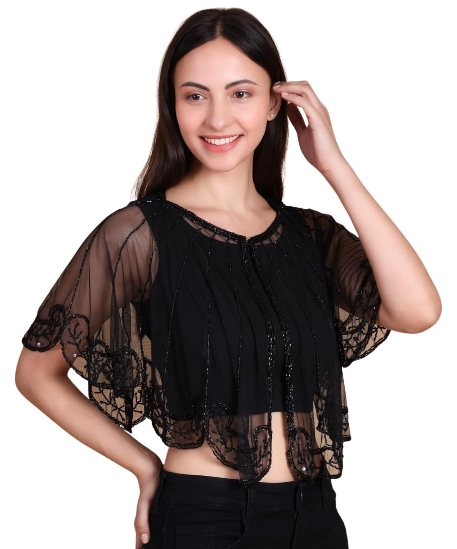 Women's Embroidered Net Poncho Cape Top | Stylish Shrug & Casual Outfits Wedding Transparent Cape for Saree, Gown, Tops Shrug Top for Women (Black-Medium)-image-14
