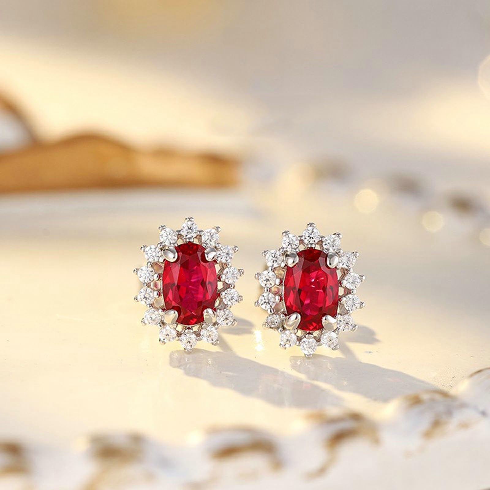Pendientes de tuerca de oro blanco de 9K/14K/18K con rubí cultivado en laboratorio, aretes de girasol para mujer con rubí creado en laboratorio de 1,4 quilates y moissanitas pavé de oro