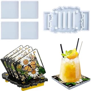 4PCS Square Coaster Resin Molds,Silicone Resin Molds with Coaster Storage Mold,Coaster Molds for Epoxy Resin Casting,Cup Mats,Home Decoration