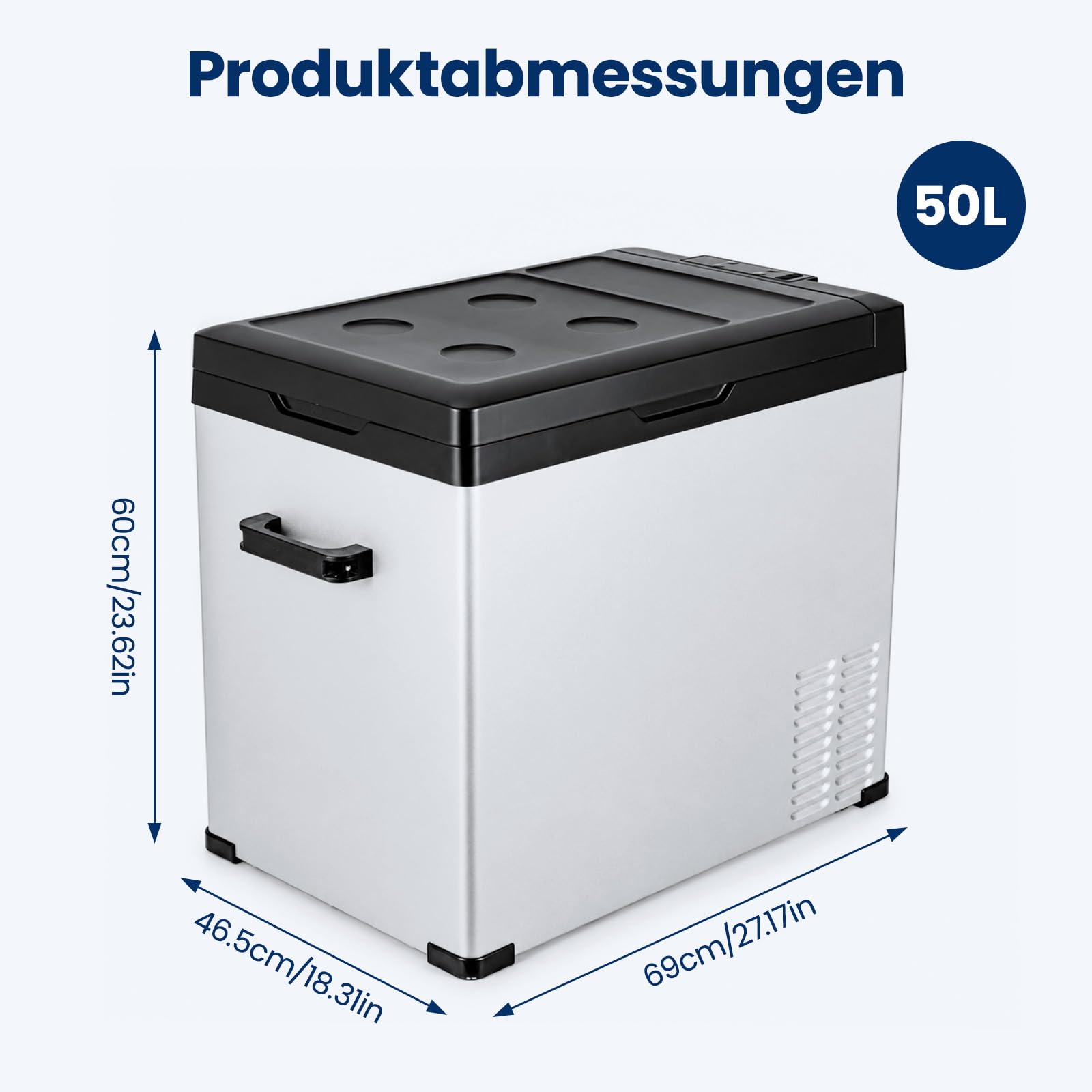 Metallgehäuse Auto-Kühlschrank 50 L – Tragbare Kühlbox für Fahrzeug, Camping oder Reisen, Verschiedene Größen verfügbar