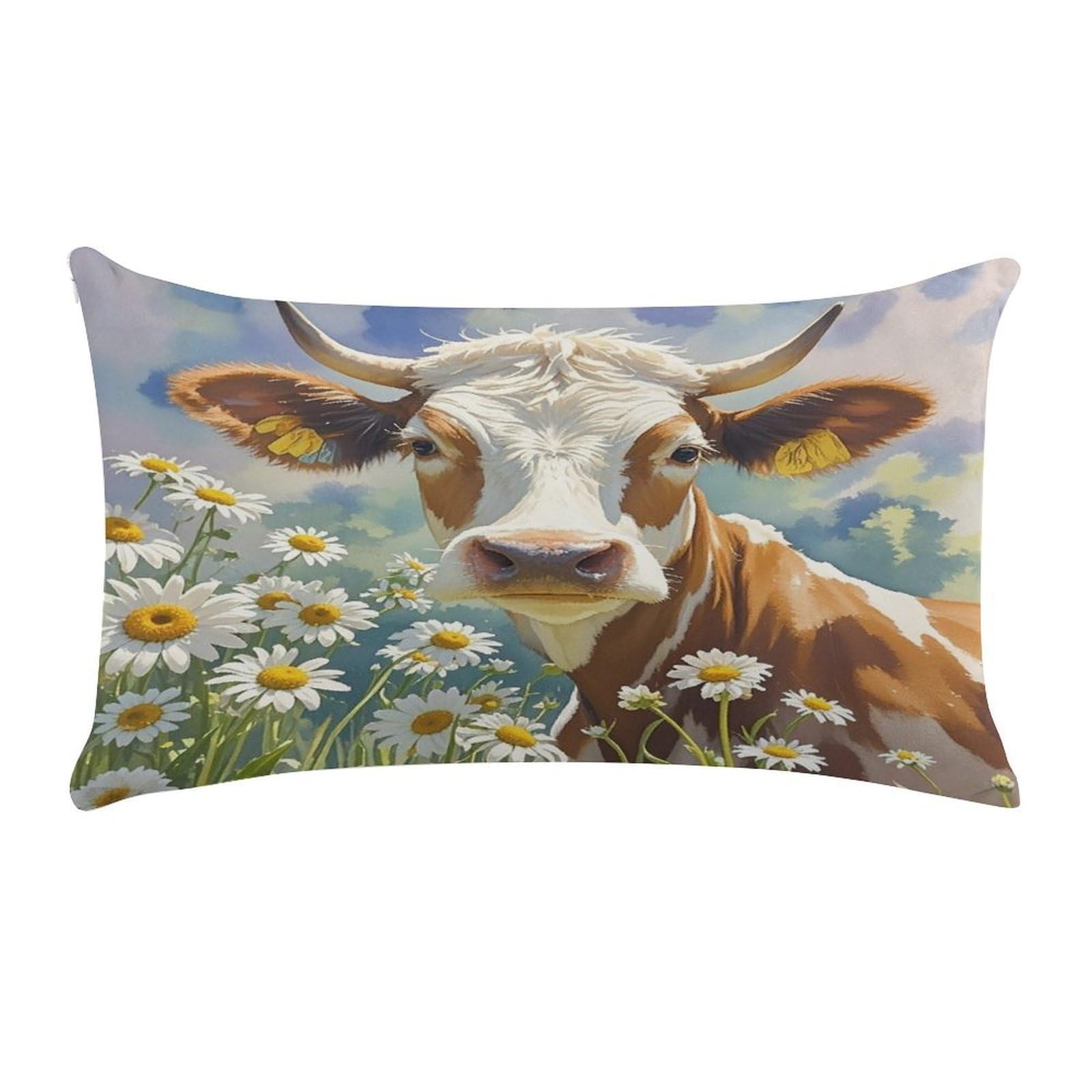 FekiLoot Watercolor Cow and Daisy Flower Throw Pillow Covers Short Plush Rectangular Pillowcase with Zipper Cozy Cushion Cases Ultra Soft Lumbar Pillow Shells for Chair Sofa Home Decor 12" X 20"