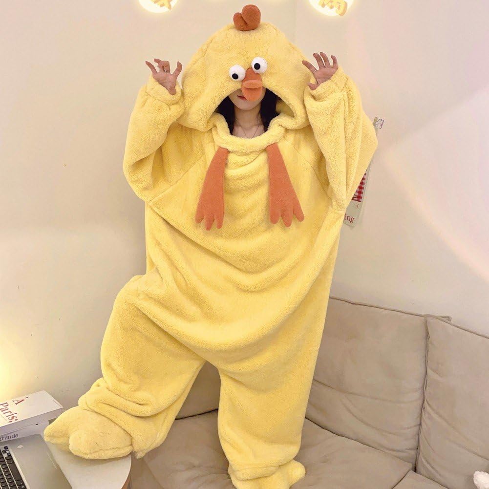 Pigiama Intero per Adulti, Pigiama Intero con Pulcino Giallo, Pigiama di Coppia Corallo, Pigiama con Animali Divertenti per l'Abbigliamento Invernale Casa