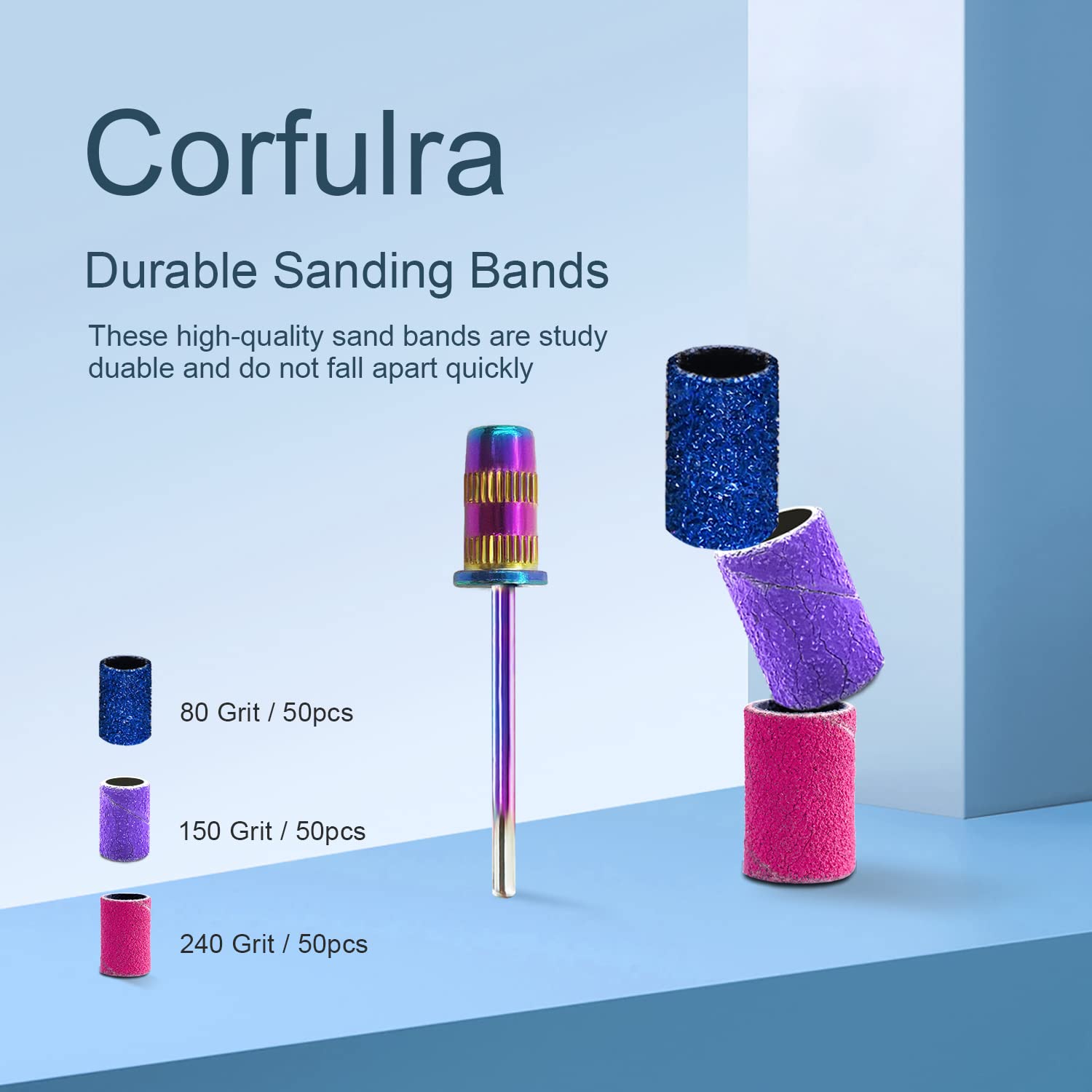 Brocas de uñas bandas de lijado para taladro de uñas, brocas Corfulra para uñas, 210 bandas de lijado gruesas finas # 80 # 150 # 240 con broca de mandril arco iris para taladro eléctrico de uñas