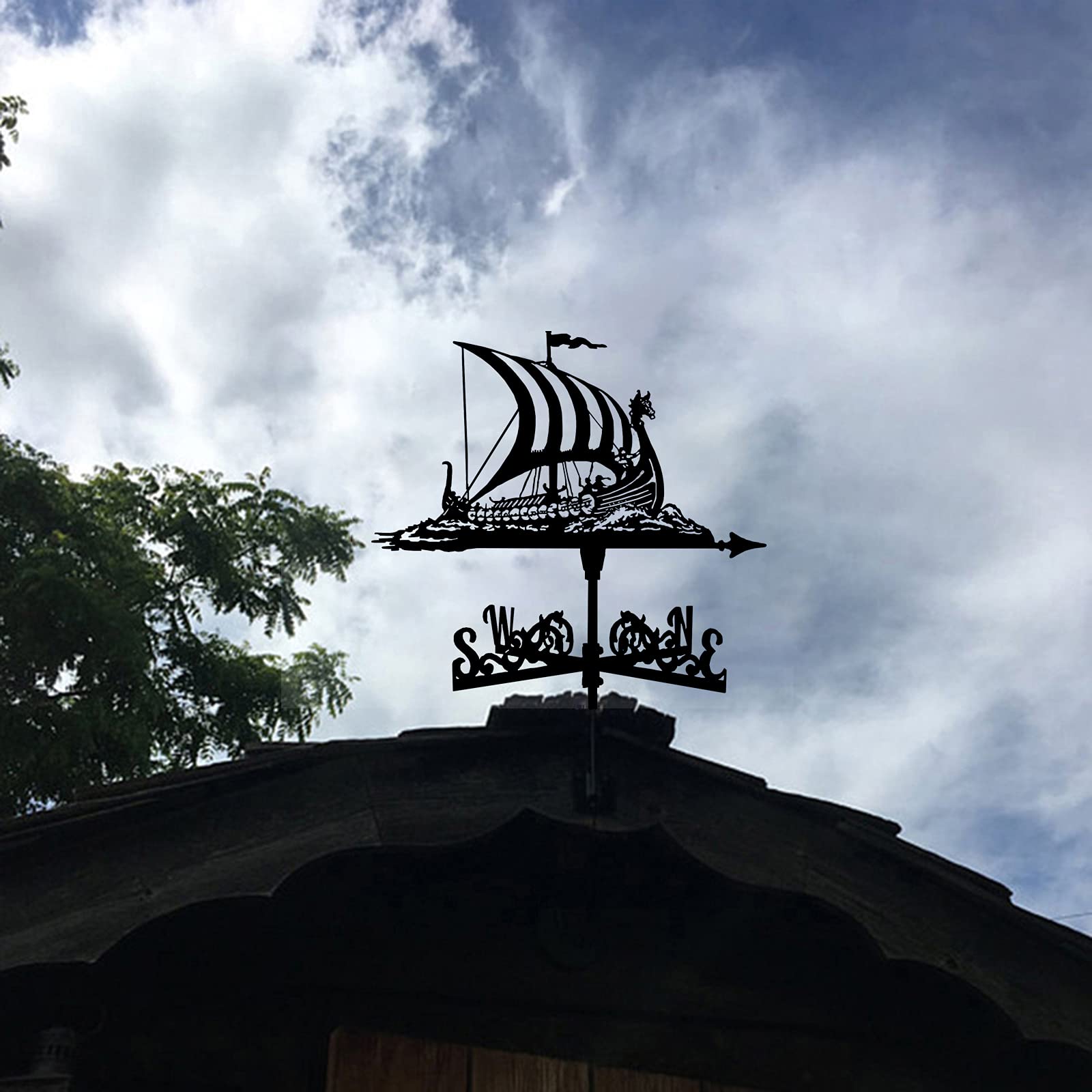 Wetterfahne aus Metall mit Wikinger-Schlachtschiff-Ornament, Wetterfahne, Gartenpfahl, Windrichtungsanzeiger mit Anti-Rost-Beschichtung für Hofdachmontage