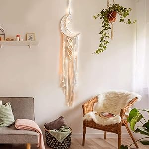 Macrame Woven Wall Hanging Moon Dream Catcher,Bohemian Handmade Room Hanging Tapestry,Wedding Decoration Crafts,Boho Chic Bohemian Home Decor Wall Art Decor,Ornament for Home Decor Gift(Moon)