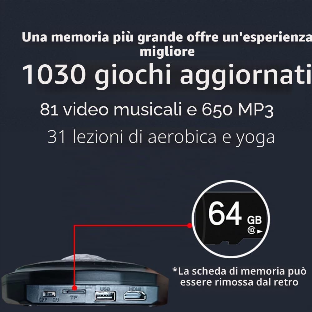 Tappetino da ballo elettronico con fotocamera, scheda memoria 64 GB, 1030 giochi, 81 video musicali e 650 canzoni, regalo lusso per ragazzi o ragazze, compatibile TV