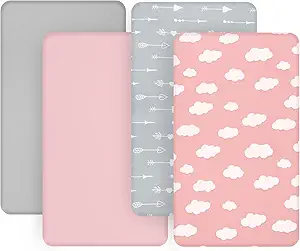 4-Pack Fitted Mini Crib Sheets for Boys and Girls - Breathable, Soft Microfiber Baby Sheets in Grey and Pink
