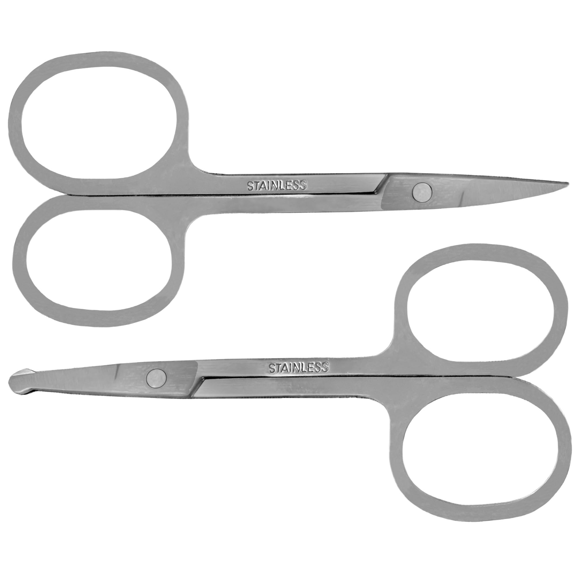 GAEVAZ® 2 Tijeras para cortar Vello Facial: 1 Punta Curva y 1 Punta Redonda | Tijeras Pequeñas de Acero Inoxidable para Cortar Cutículas, Uñas, Cejas, Barba, Bigote, Vello Nariz y Oídos. (Plateado)