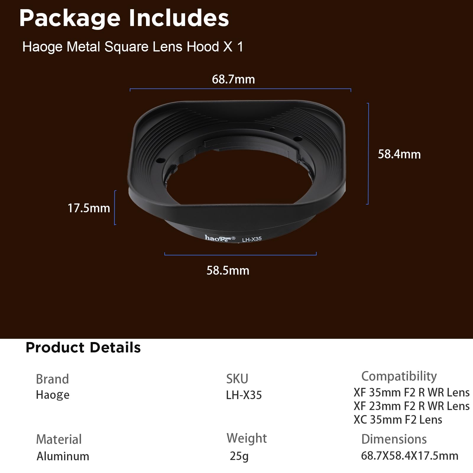 Haoge LH-X35 - Paraluce rettangolare in metallo per obiettivo Fujifilm Fuji Fujinon XF35 mmF2 XF 35 mm f/2 R WR e XF23 mmF2 XF 23 mm f2 R WR WR, sostituisce LH-XF35-2