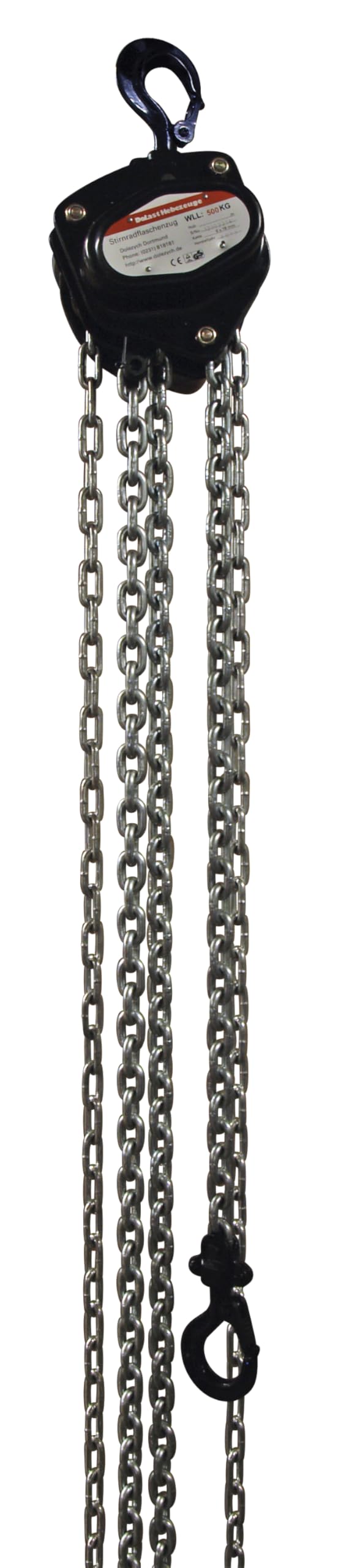 Dolezych DoLast Black Series Stirnradflaschenzug, 500 kg Tragfähigkeit, 3 m Kettenlänge, mit Überlastschutz