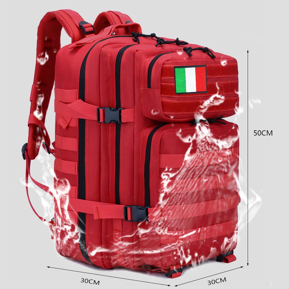 45L Zaino Assalto Tattico Militare Molle Zaini Da Viaggio Zaino Moto Per Trekking All'aperto Escursionismo Caccia Campeggio E Altre Attività Sportivo, Multifunzione + 4 Badges (Rosso)