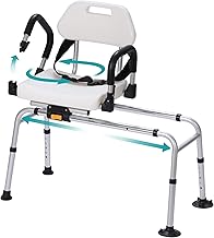ELENKER Sliding Shower Chair with Swivel Seat, Tub Transfer Bench with Drainage Holes, Pivoting Arms and Seat Belt, Non-Slip Foot Mats, for The Elderly, Sick and Handicap