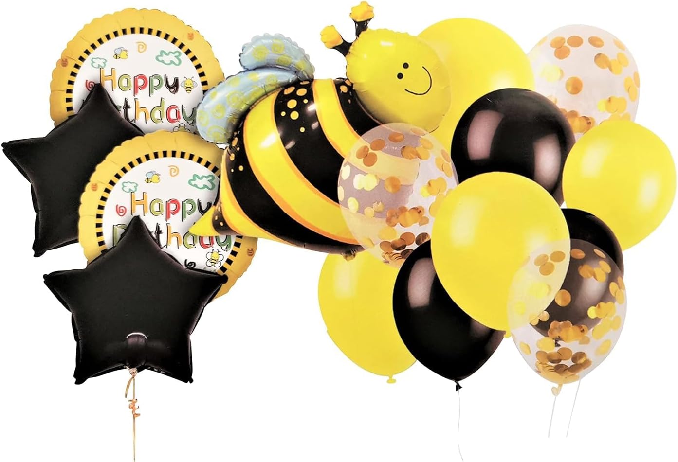 Set of 14 Bee Birthday Party Balloon Decoration Set – Bumble Bee Theme Foil & Latex Balloons with Happy Birthday Star Balloons, Yellow Black Confetti Balloons for Kids Baby Shower Birthday Party