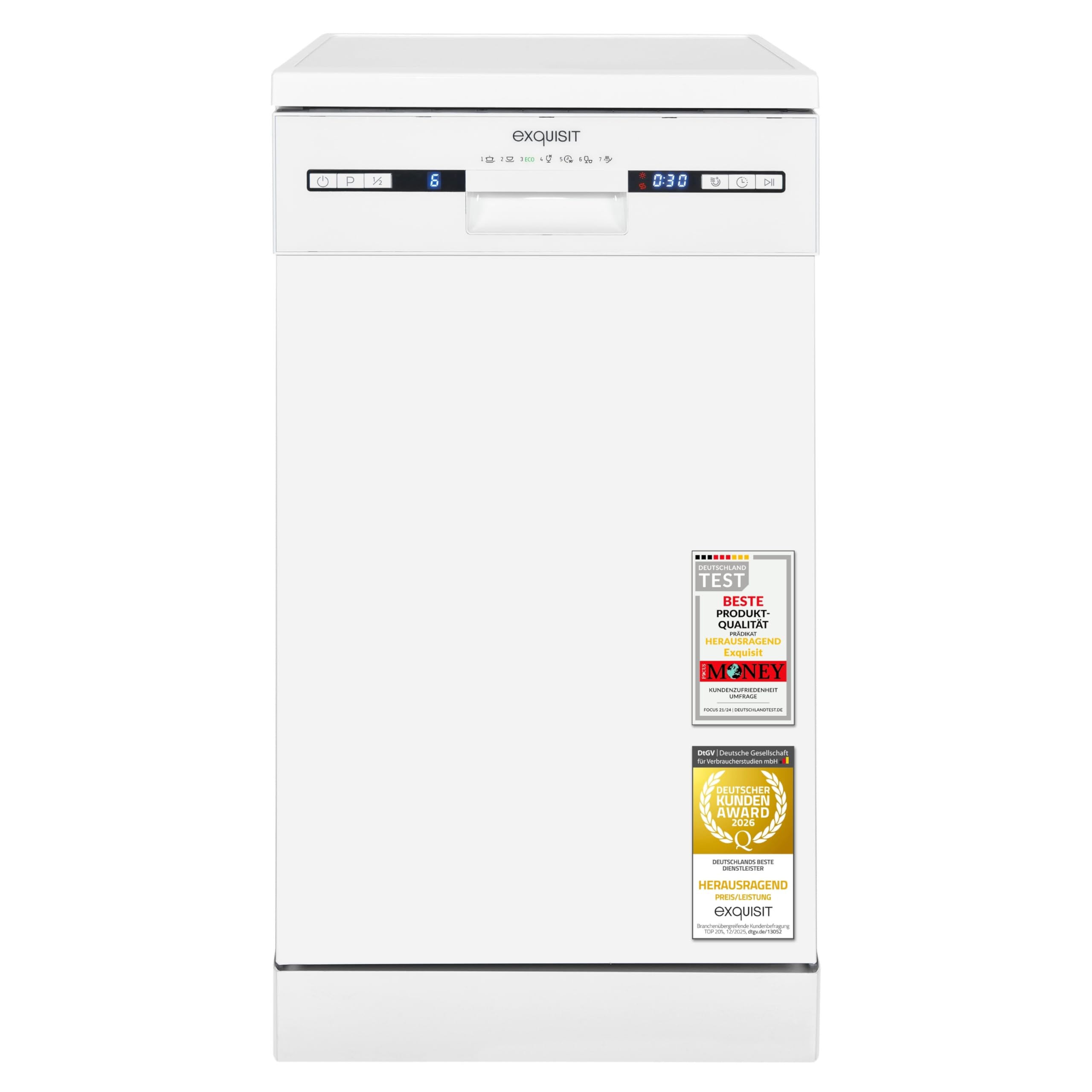 Exquisit Geschirrspüler | 9 Maßgedecke, Energieeffizienzklasse E, 49 dB(A) | schmal, kompakt, 7 Programme, Eco, Intensiv, Kurz, Extra-Trocknung, Startzeitverzögerung | GSP9309-030E weiss