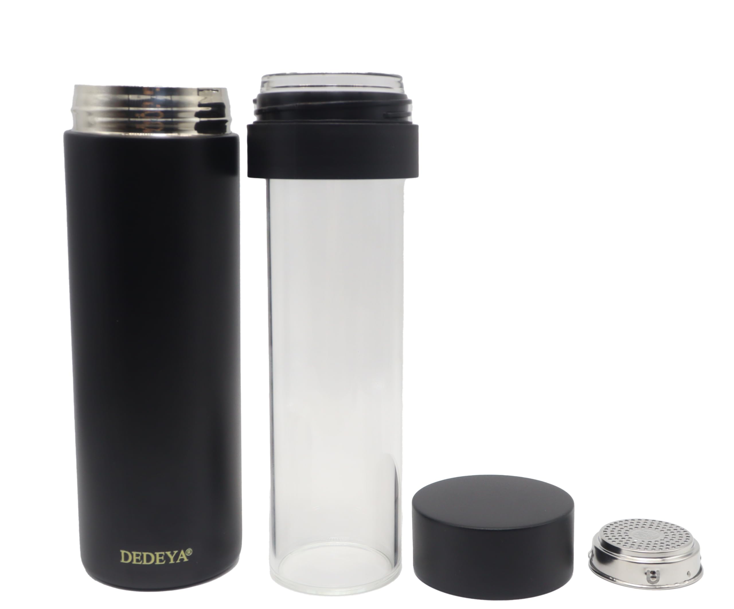 15oz Stainless Steel Vacuum Insulated Water Bottle with glass liner inside,glass lined thermos with tea strainer for Hot drink and Cold drink-Leakproof car mug(Black,tea strainer)
