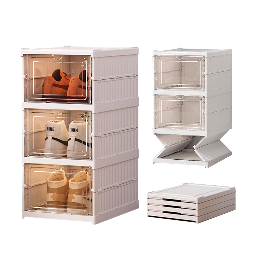 PAIDE P Zapatero Plegable. Organizador de Zapatos de Plástico para Entrada, Armario y Recibidor. Cajas para Zapatos Apilable con 3 Puertas Imantadas. Armario Zapatos. (3 Compartimentos)