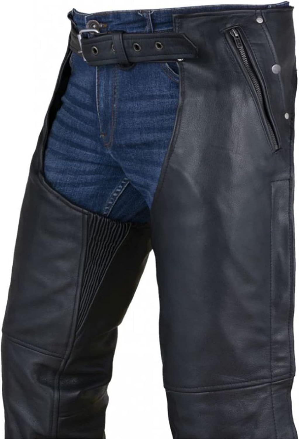 Dream Apparel Black Leather Motorcycle Riding Chaps for Men Women W/Liner and Four Pockets, Cowboy Biker Chaps Pants - Image 3
