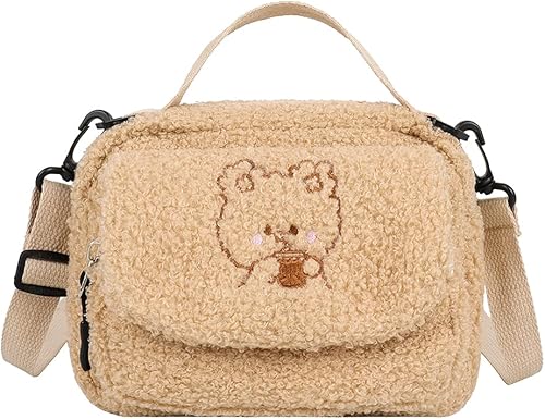 Kawaii - Bolso cruzado para niñas lindo bolso de felpa de pana bolso cruzado con estampado de oso