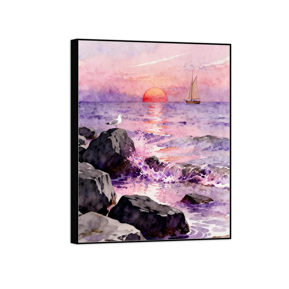 OZPWBVY Meer Leinwandbild-Strand Sonnenuntergang Boot-Küsten Landschaftsbilder für Wohnzimmer Schlafzimmer Fertig zum Aufhängen 80x105cm Schwarz Rahmen