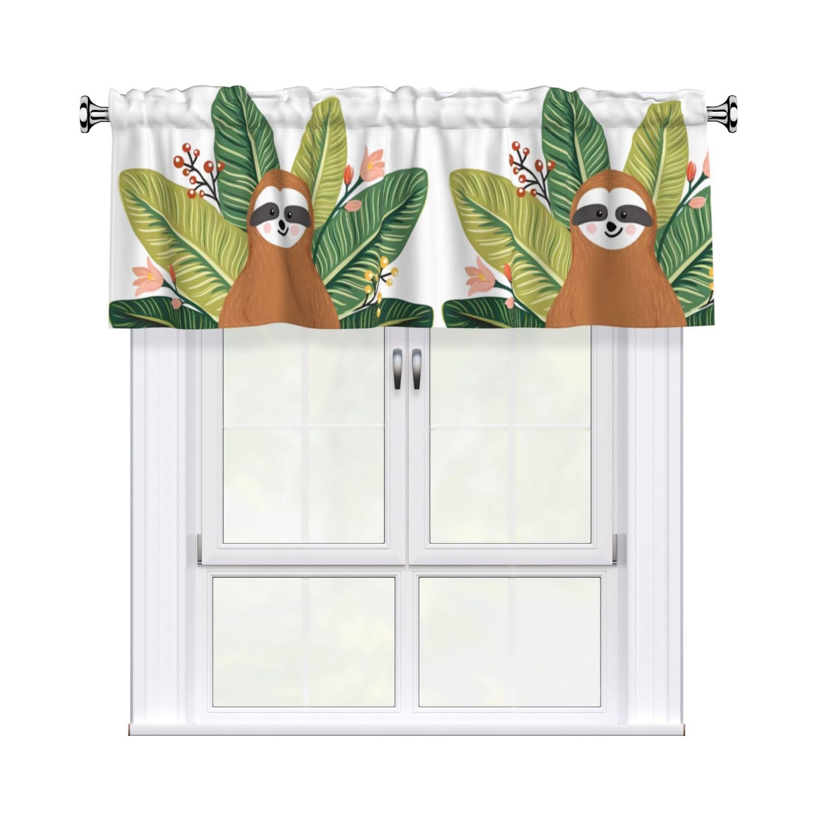 HJFCZH WHJSSF Cute sloth & Leaves Prints 54x18in Curtain Valance - Peach Skin Polyester Kitchen Cover with Light Filtering Floral & 3" Rod Pocket
