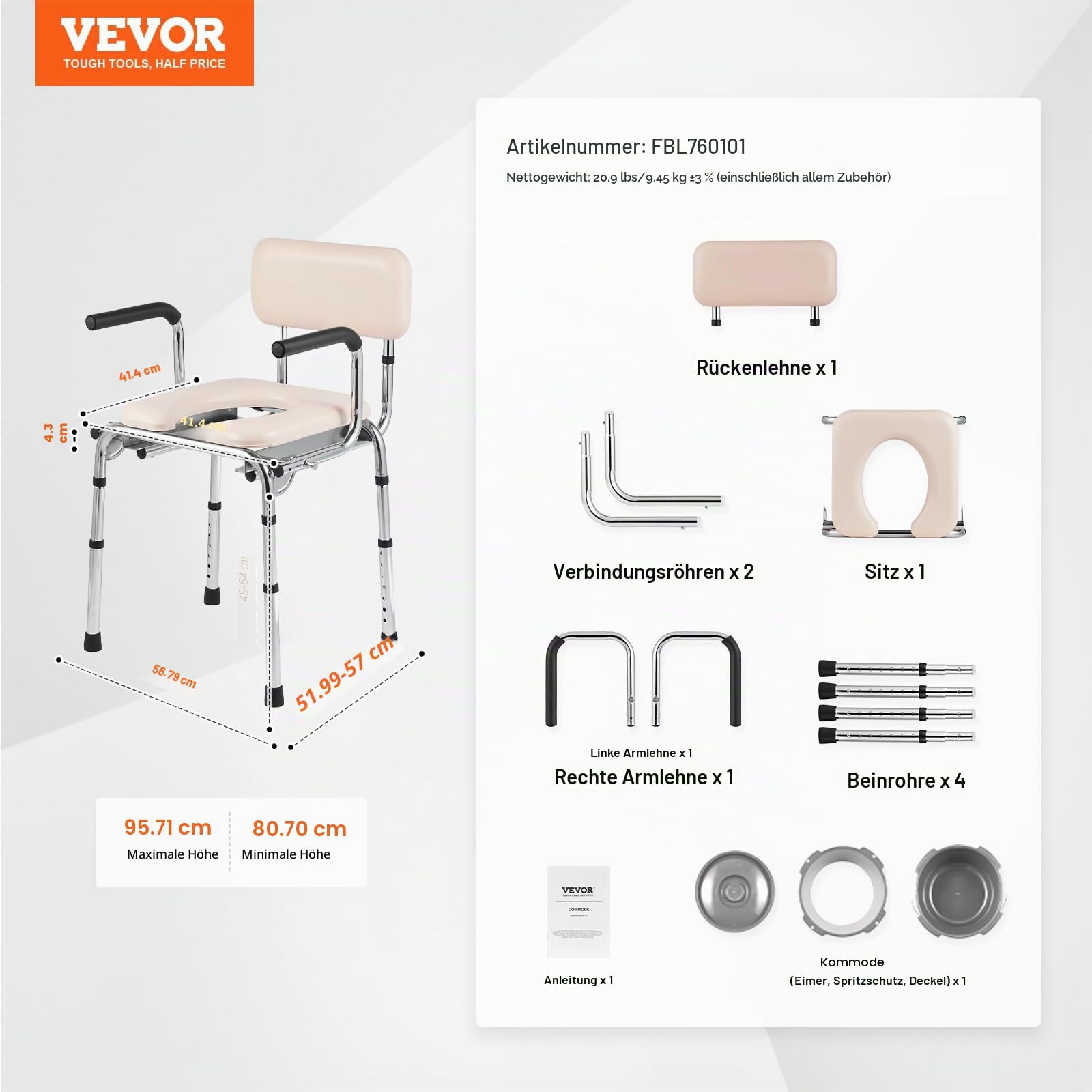 VEVOR Toilettenstuhl, Nachtstuhl mit Gepolstertem Sitz, Herunterklappbaren Armlehnen, 7-stufig Höhenverstellbar 490-640 mm, Abnehmbarer Eimer, 158,8 kg Belastbar, Tragbare Toilette für Erwachsene
