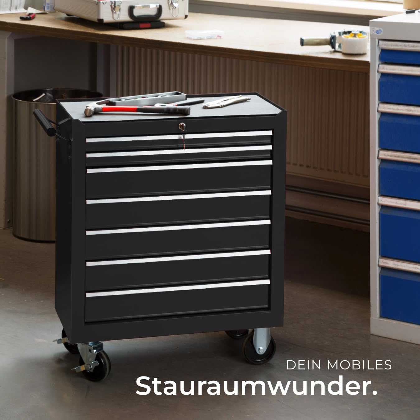 tectake Werkzeugwagen, Werkstattwagen, rollende Werkstatt, Werkzeugwagen leer, Werkzeugbox, 7 Schubfächer, 69 x 33 x 79 cm, Rollen mit Bremsen, inkl. 2 Schlüssel - schwarz