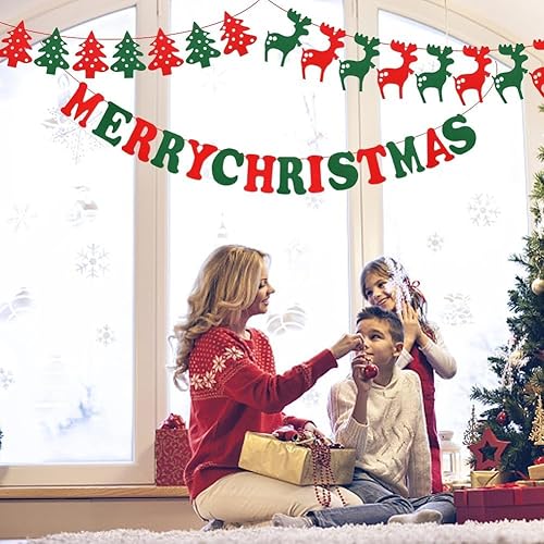 Miniatura 3 de Marbrasse Cartel de fieltro de Navidad de 3 piezas, pancarta de Feliz Navidad, rojo, verde, Papá Noel, reno, árbol de Navidad, decoración de