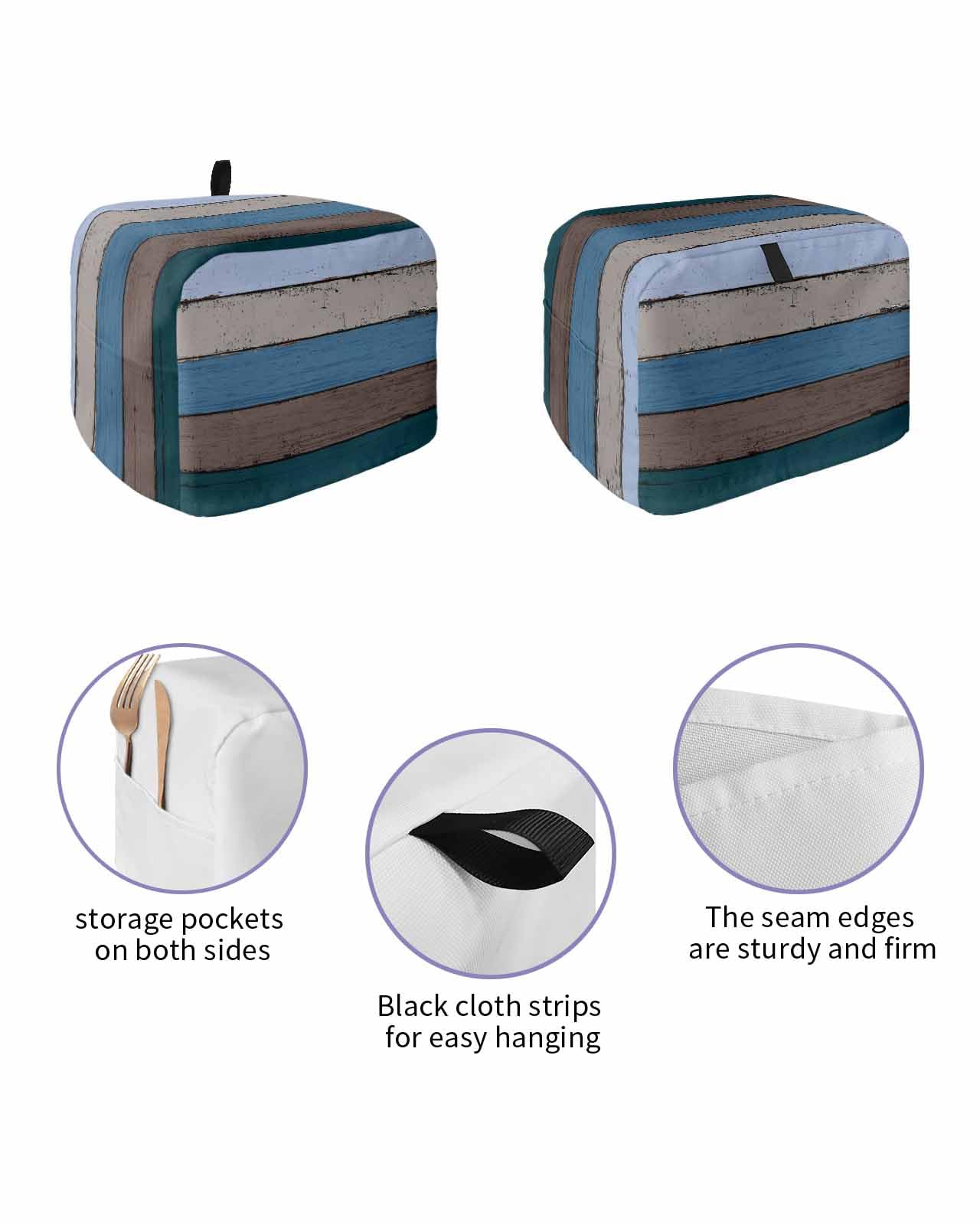 Blue Wooden Toaster Cover 2 Slice, Grey Stripe Gradient Country Rustic Grain Dustproof Bread Machine Oven Cover with Storage Pockets, Fits Most Kitchen Toasters Protector