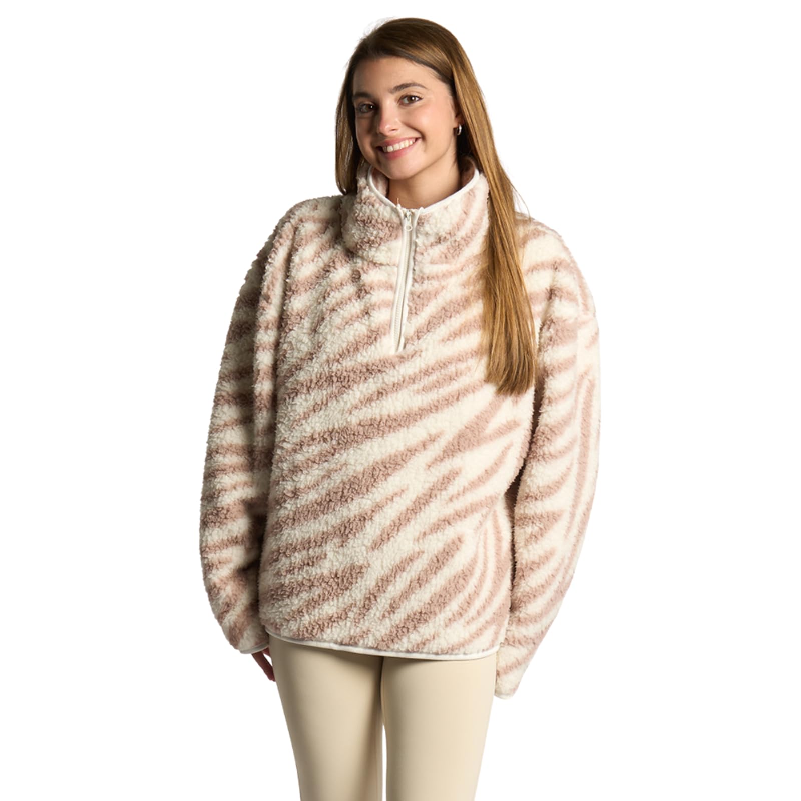OHS Half Zip Fleece Women, Zebra Print Teddy Fleece Jacket Winter Clothes for Women Soft Warm Cosy Ladies Sweatshirt Top Casual Long Sleeve Pullover for Travel Hiking, Beige - S/M