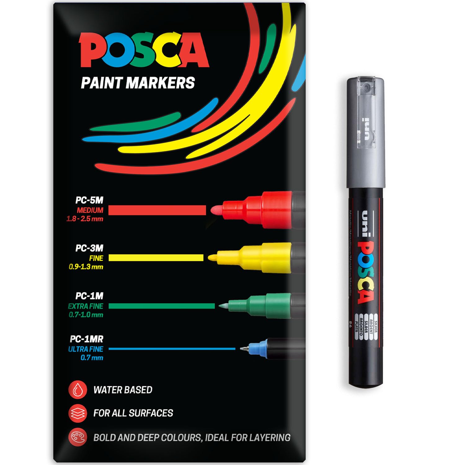 Posca Water Based Acrylic Paint Marker Pens | Multi Surface Use Permanent Paint Pen | Pack of 1 in Envelope Gift Packaging | Glass, Fabric, Canvas, Wood etc | PC-1M, Silver