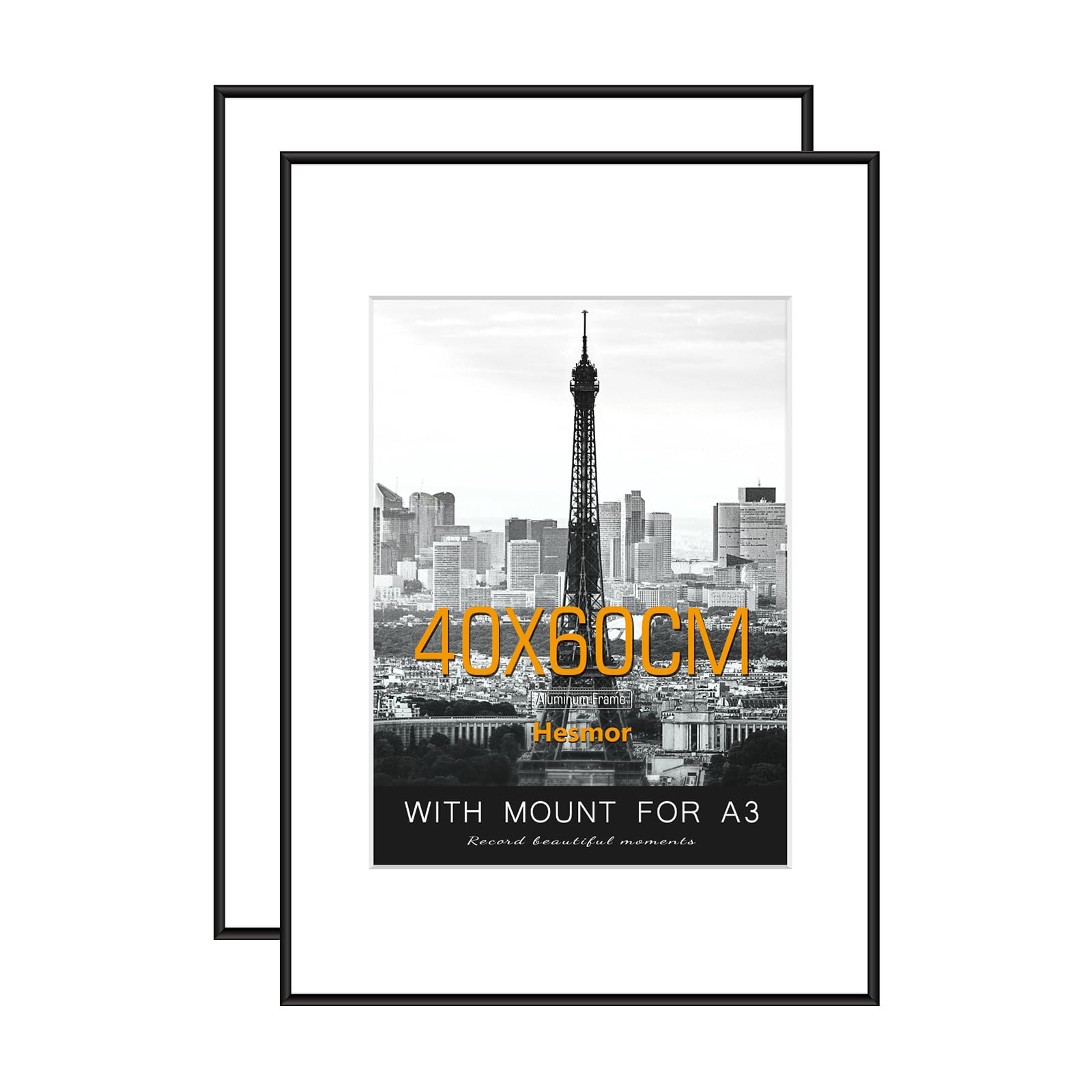 Hesmor 40x60cm Picture Frame Black Aluminum Acrylic Certificate Frames, Poster Frames for Wall Mounting with Mat for Portrait, Printing, Landscape, Set of 2