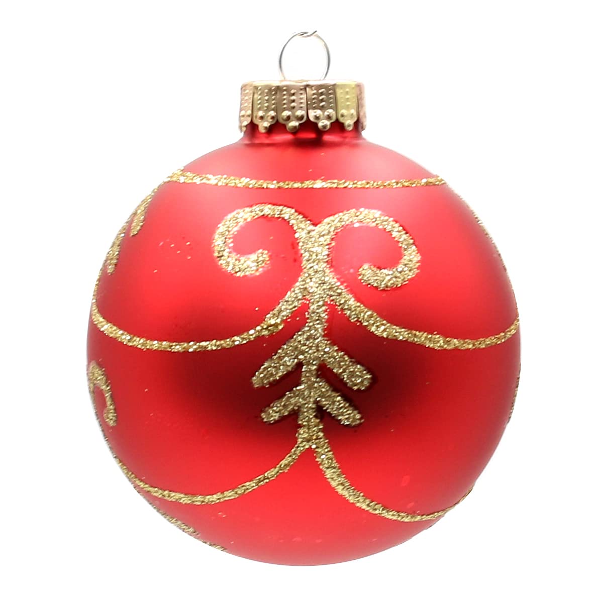 Dekohelden24 Lauschaer Christbaumschmuck - 16er Set Kugeln inkl. 1 Baumspitze aus Glas, handdekoriert, rot matt und glänzend, 6,7 und 8 cm, mit goldenem Krönchen.