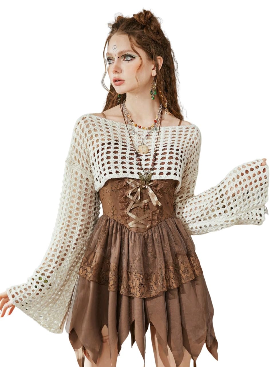 WDIRARA Womens Crochet Crop Tops Shrugs Y2k Hollow Out Sweater Knit Crochet Long Sleeve Crop Tops