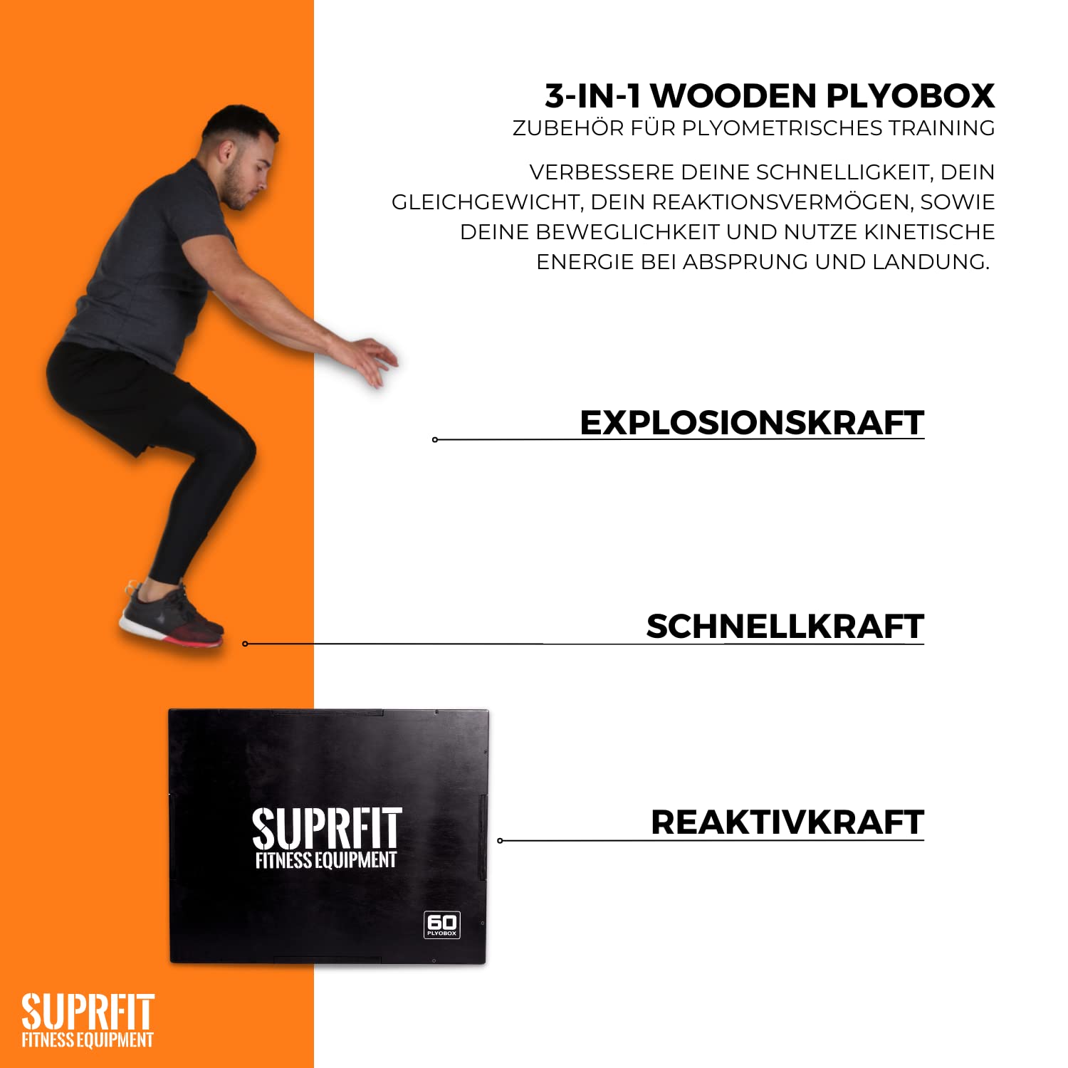 SUPRFIT – Plyo Box Holz – Sprungbox für plyometrisches Training, Sprungkrafttraining & Crossfit – Jump Box mit 3 Sprunghöhen 50 x 60 x 70cm – bereits vormontiert (Schwarz, Weiß & Braun)