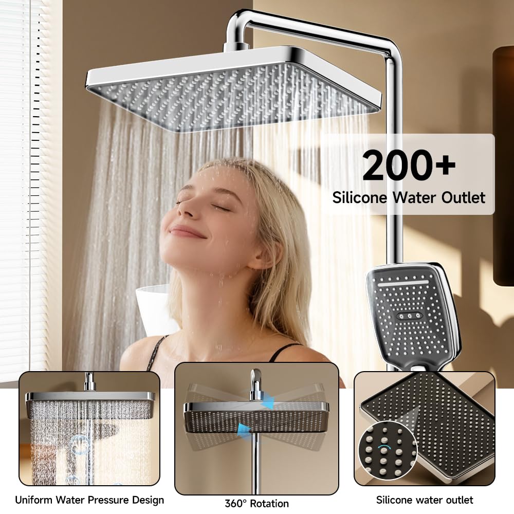 Kolumna prysznicowa z baterią, system prysznicowy z deszczownicą 30x20cm, ukryta wylewka do wanny, cyfrowy wyświetlacz LED, chrom