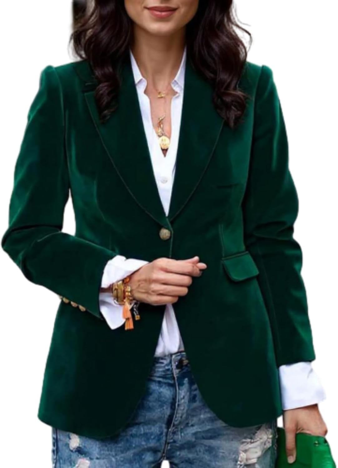 Akivide Womens Vintage Velvet Long Sleeve Lapel Single Button Front Office Suit Jacket Spring Casual Work Business Blazer