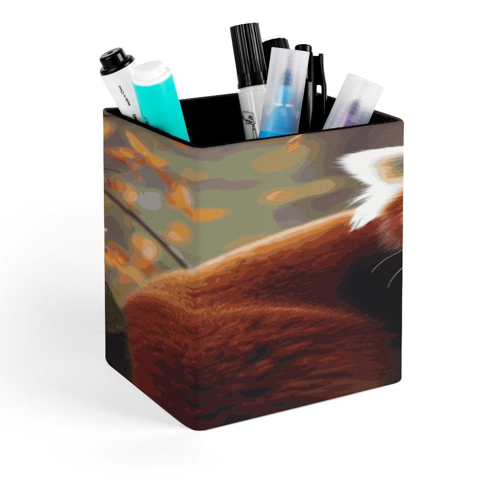 MUSM Red Panda Pen Holder Square PU Leather Desktop Organizer And Makeup Brush Holder Storage Box Modern Design Stationery Organizer for Office Desk Accessory