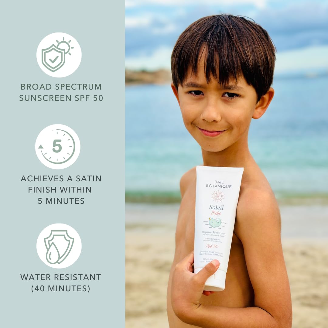 NEW, Baie Botanique Soleil Bébé, Organic Mineral Baby & Children Sunscreen SPF 50, Non-Nano Zinc Oxide, Sunflower & Jojoba - Image 3
