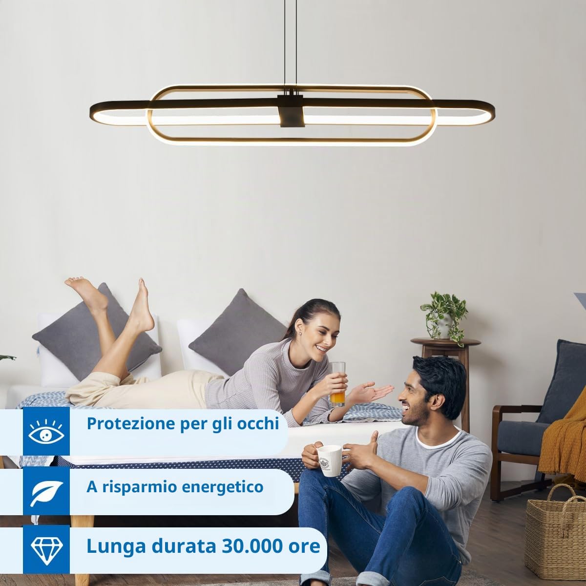 Lampadario Ovale Moderno LED Lampade a Sospensione Dimmerabile Doppio Anello Design Isola Cucina Lampadari Soggiorno,Regolabile Lineare Soffitto Camera Letto Lampadario Plafoniera,Nero 99cm