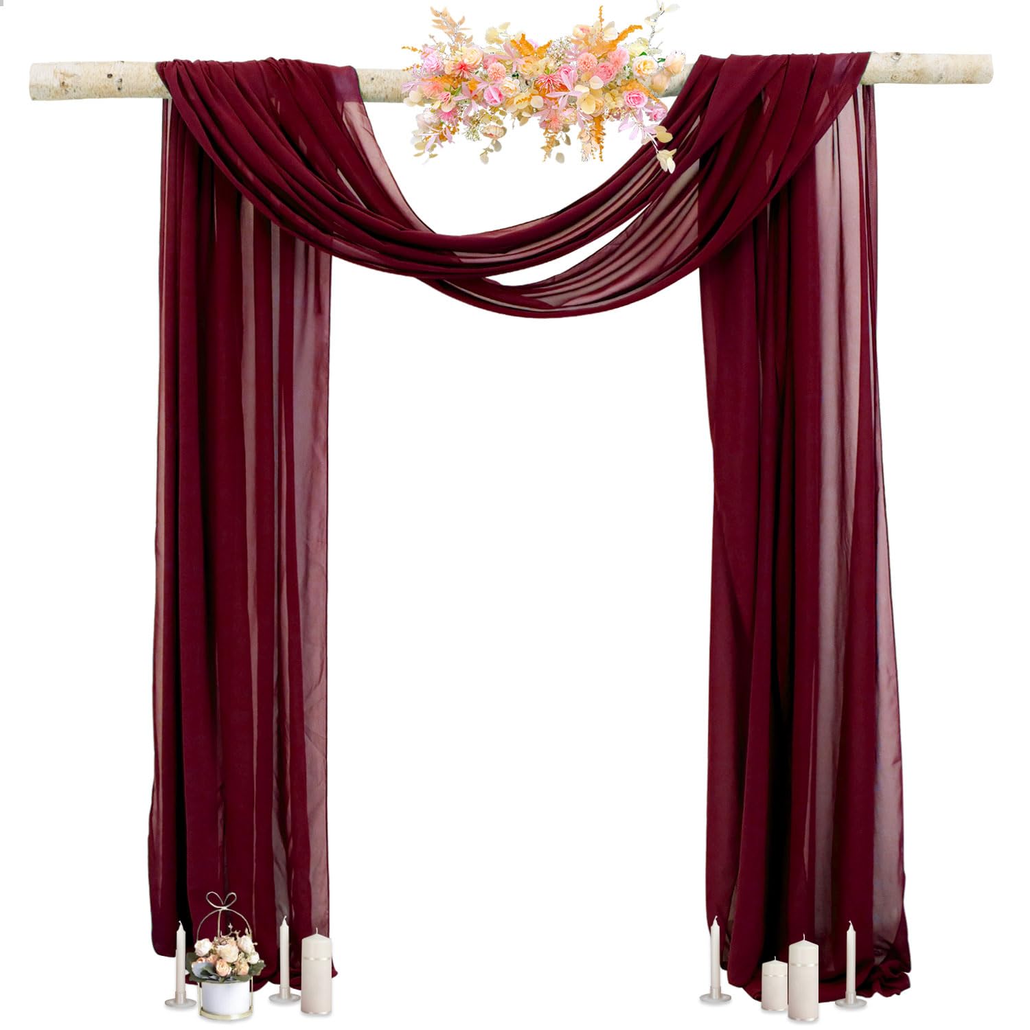 PATYDEST Burgundy Draping Fabric for Wedding Chiffon Fabric Drapes 20FT Wedding Arch Draping Fabric 1 Panel Sheer Backdrop Curtains Easy Hanging Sheer Arch Draping for Wedding Backdrop for Reception