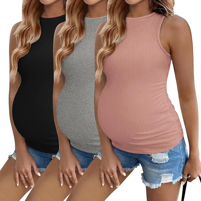 ELESOL Women Maternity Tank Tops 3 Packs Crew Neck Ribbed Pregnancy Shirts Mama Clothes