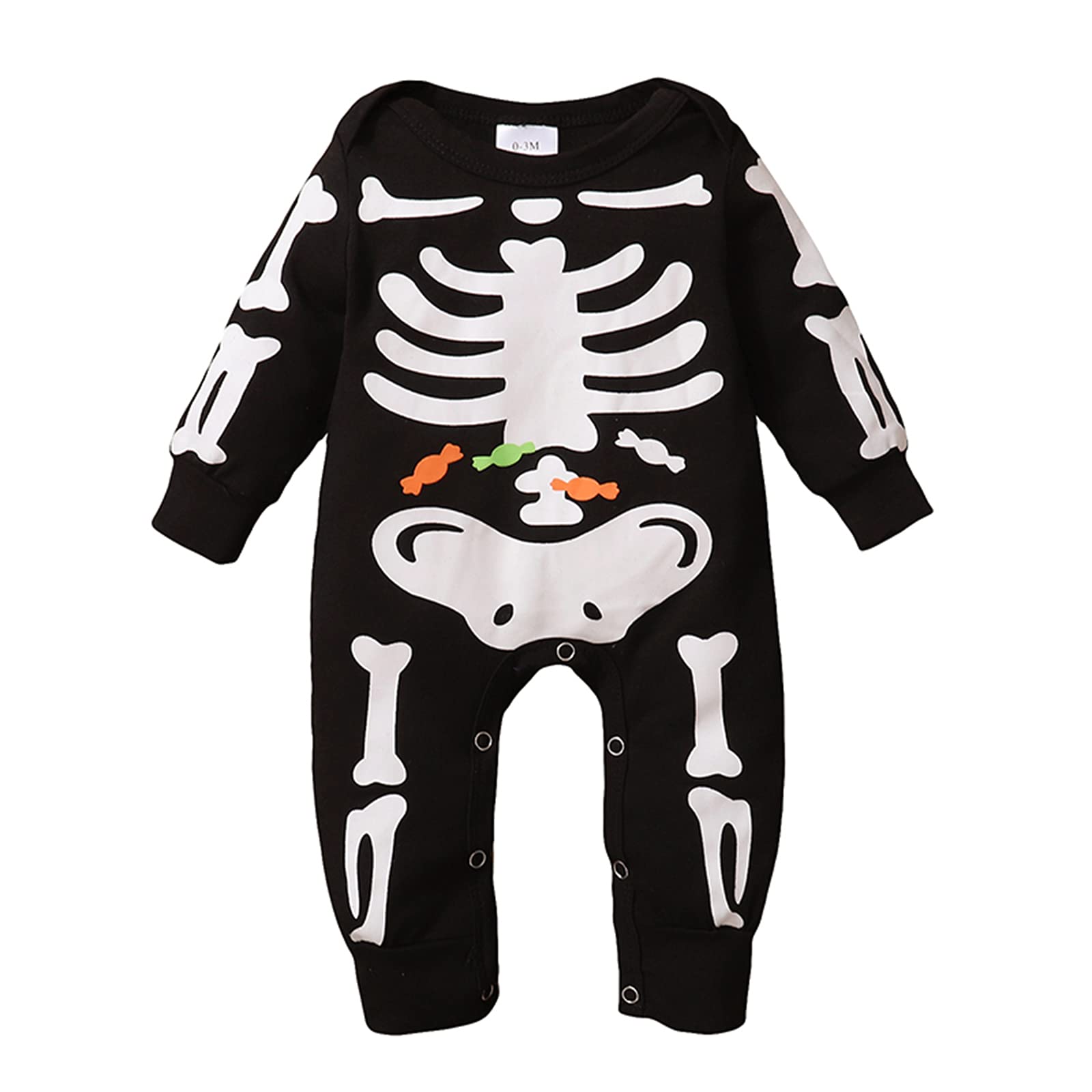 WASAIGOOD Newborn Halloween Romper Baby Girl Boy Skeleton Jumpsuit Long Sleeve O-neck Halloween One-Piece Outfit (black,0-3 months)