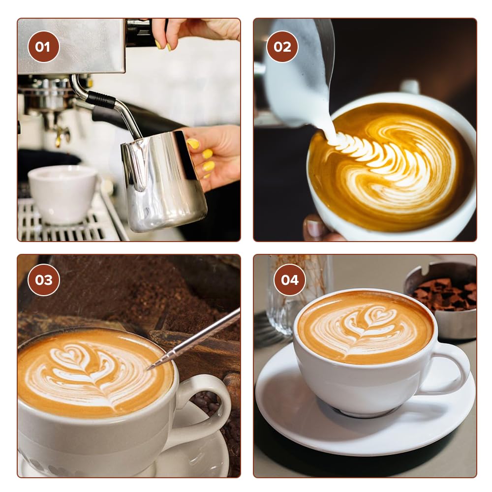 KITDAHOM Jarra de espuma de leche de mano de 350 ml de acero inoxidable con escala, dispensador de nata de acero inoxidable, incluye aguja para latte-art, adecuada para baristas para preparar