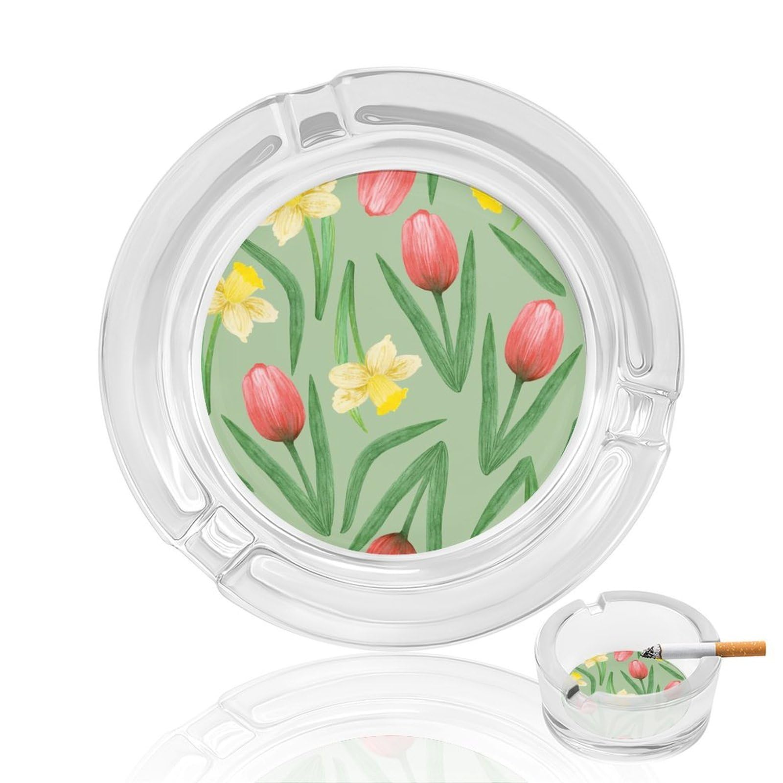 Watercolor Tulip Flower Glass Ashtray 3.3 Inch Round Cigarette Ash Holder with 4 Grooves for Home Office Outdoor One Size