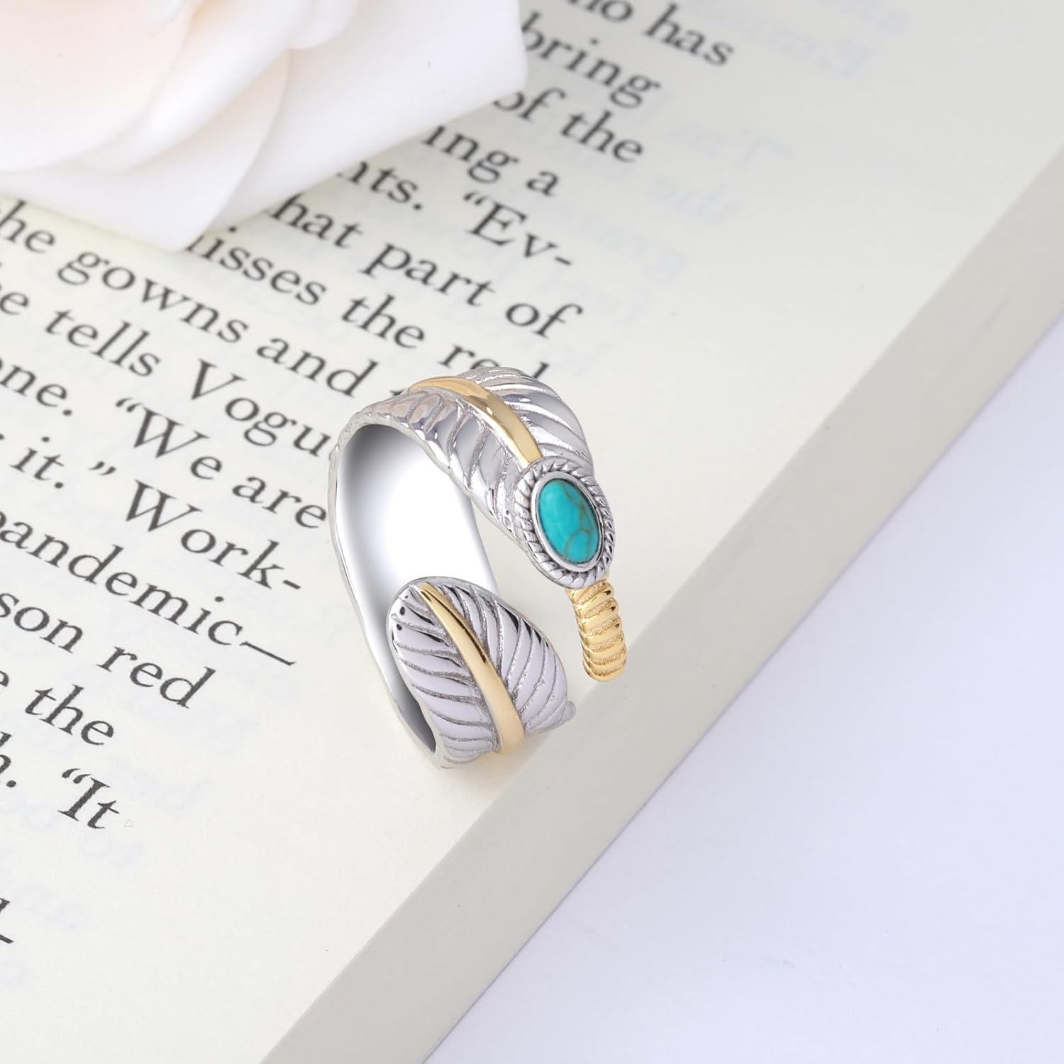 Feather Turquoise Ring for Women - Sterling Silver Western Thumb Adjustable Ring Vintage Boho American Native Band Rings Indian Jewelry Gifts for Women - Image 3
